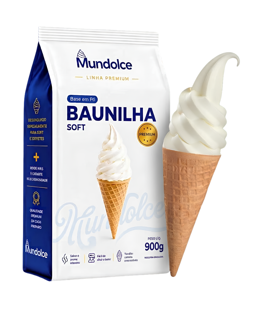 Embalagem de calda em pó Baunilha Mundolce com casquinha de sorvete expresso