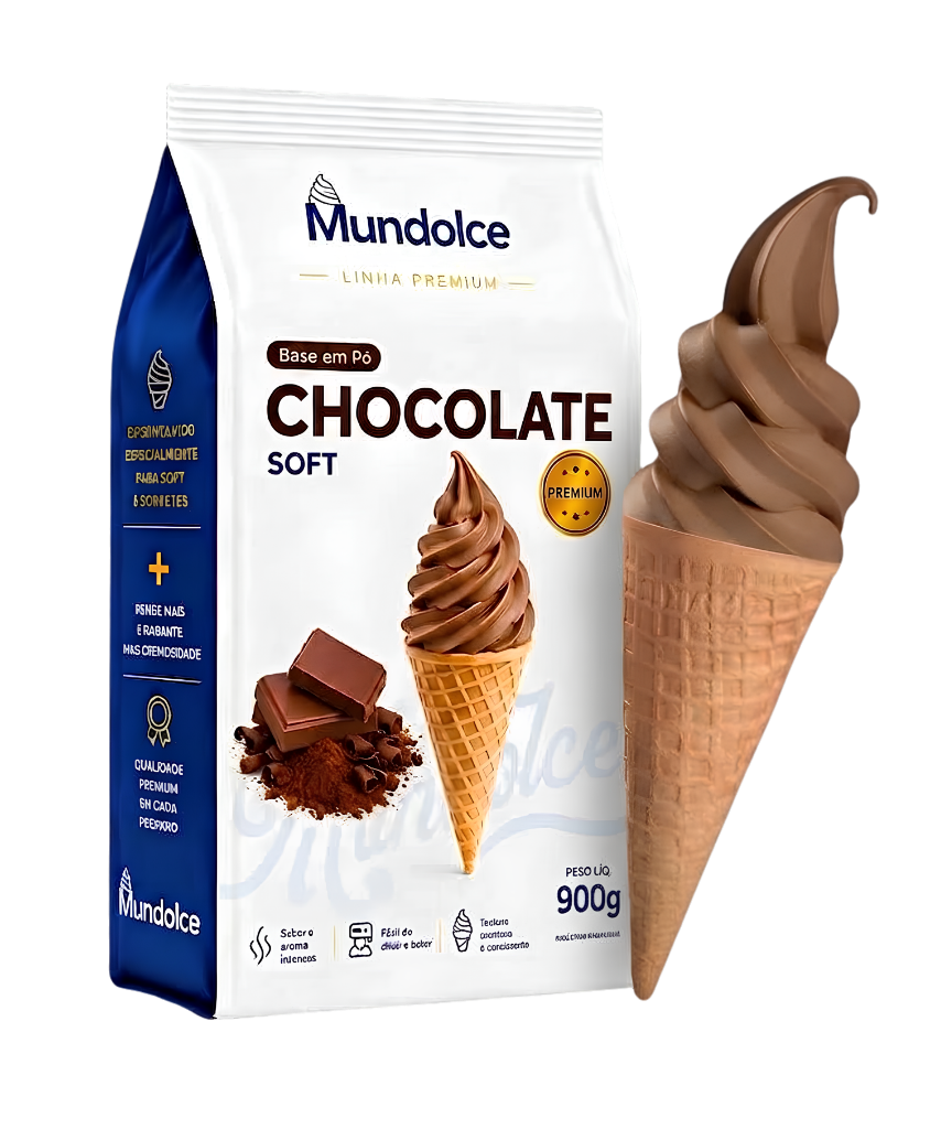 Embalagem de calda em pó Chocolate Mundolce com casquinha de sorvete expresso