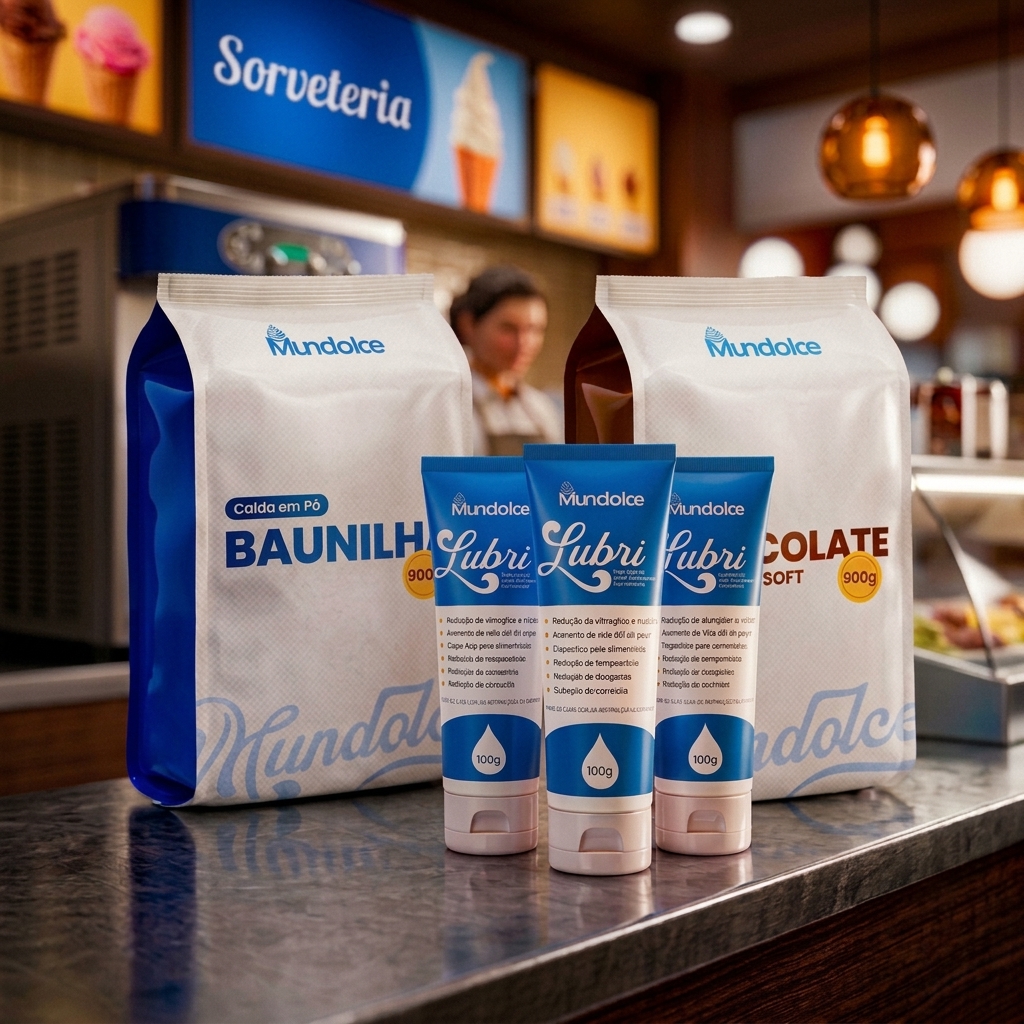 Bases em pó Mundolce e lubrificante Lubri em balcão de sorveteria